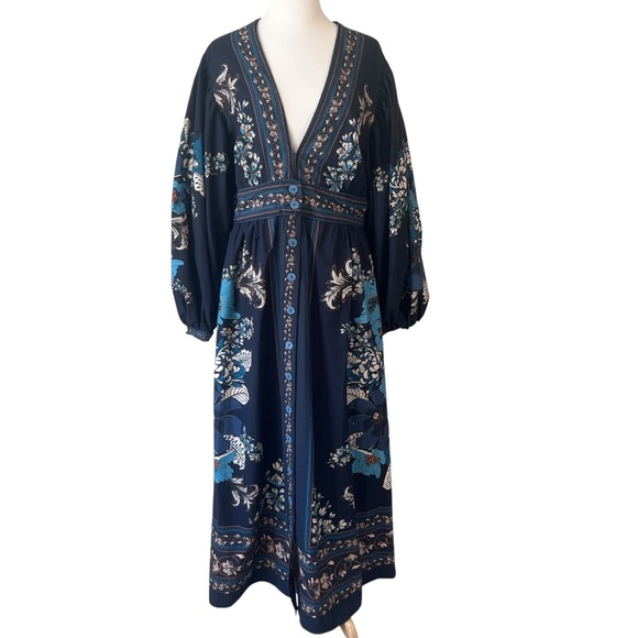 FARM Rio Dresses & Skirts - NWT FARM Rio Bloom Tapestry Black Plunge Bishop Sleeve Maxi Dress